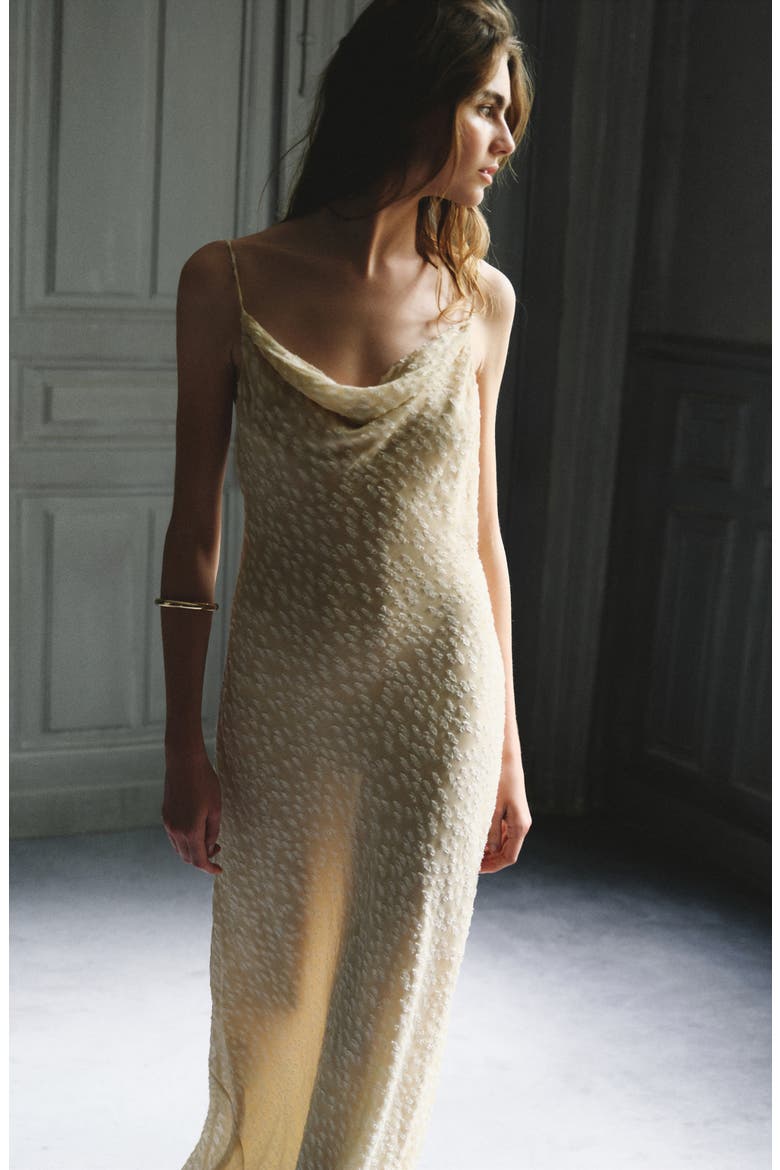 Livy Cowl Neck Clip Dot Dress, Alternate, color, BEIGE