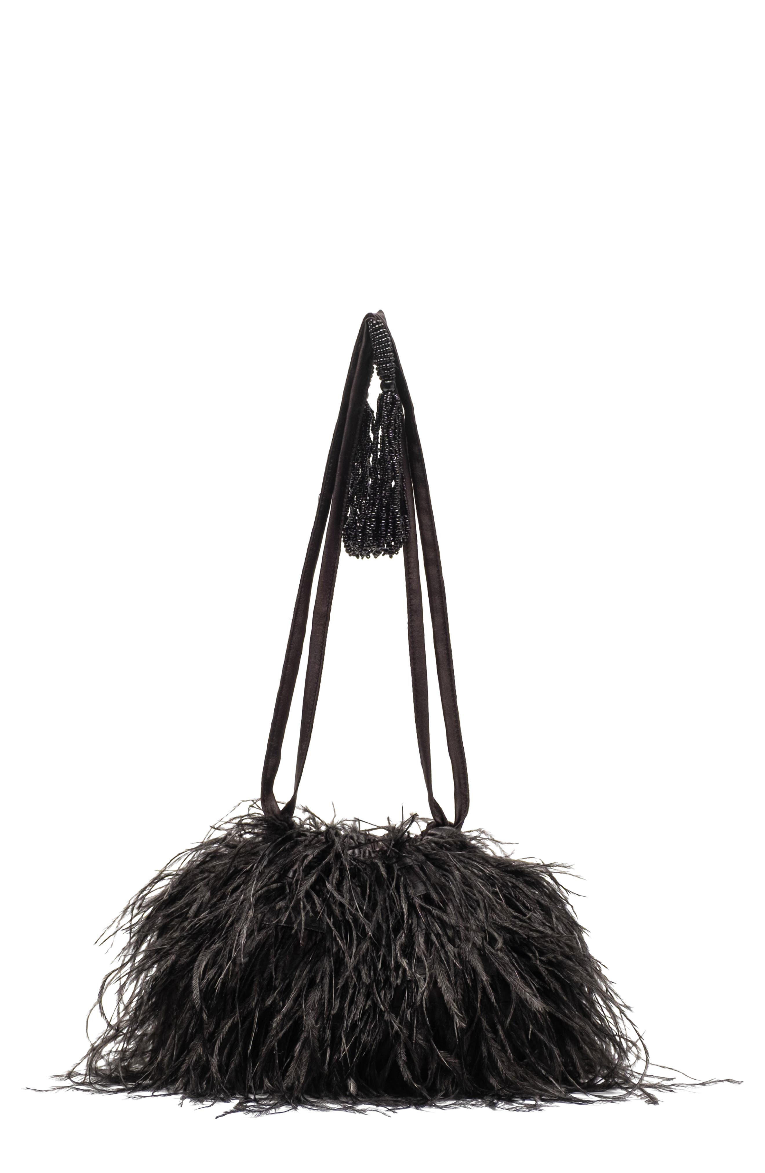 Pouf Faux Feather Satin Bag, Main, color, BLACK