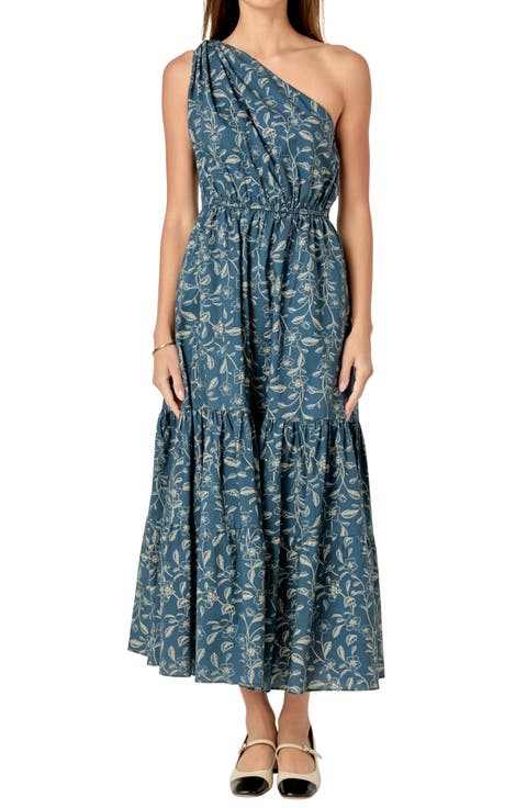 Floral Print One-Shoulder Cotton Maxi Dress