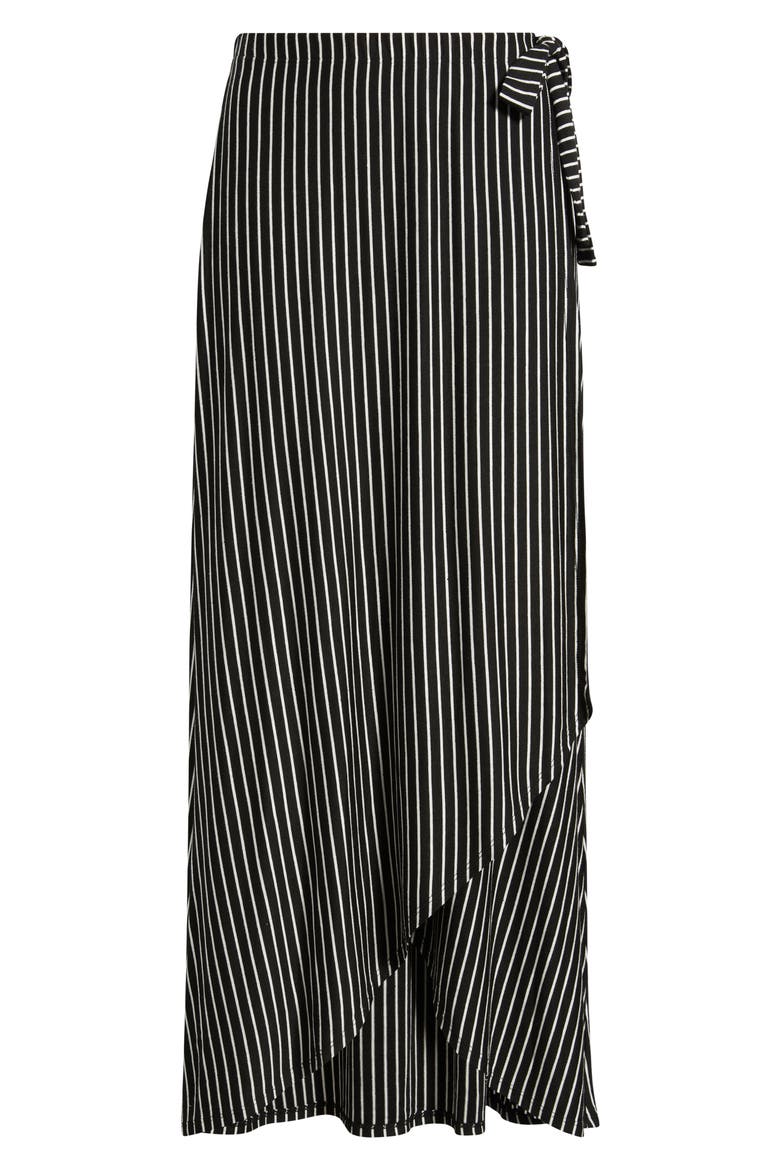 Stripe Faux Wrap High-Low Knit Midi Skirt, Alternate, color, BLACK
