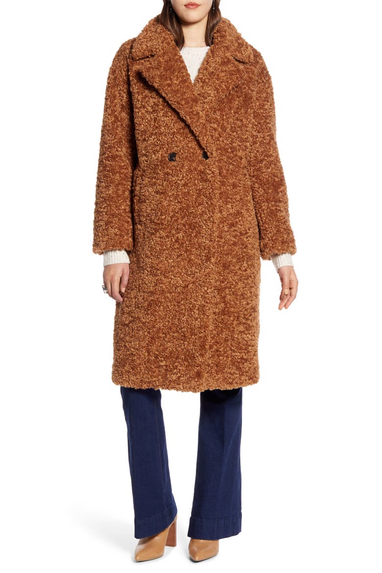 Double Breasted Faux Fur Teddy Coat, Alternate, color, BROWN