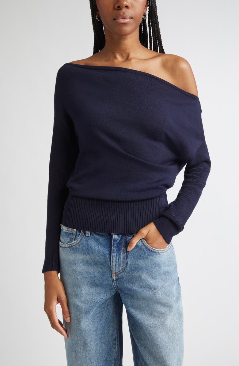 Ramy Brook Chance Wool Off the Shoulder Sweater, Main, color, Navy