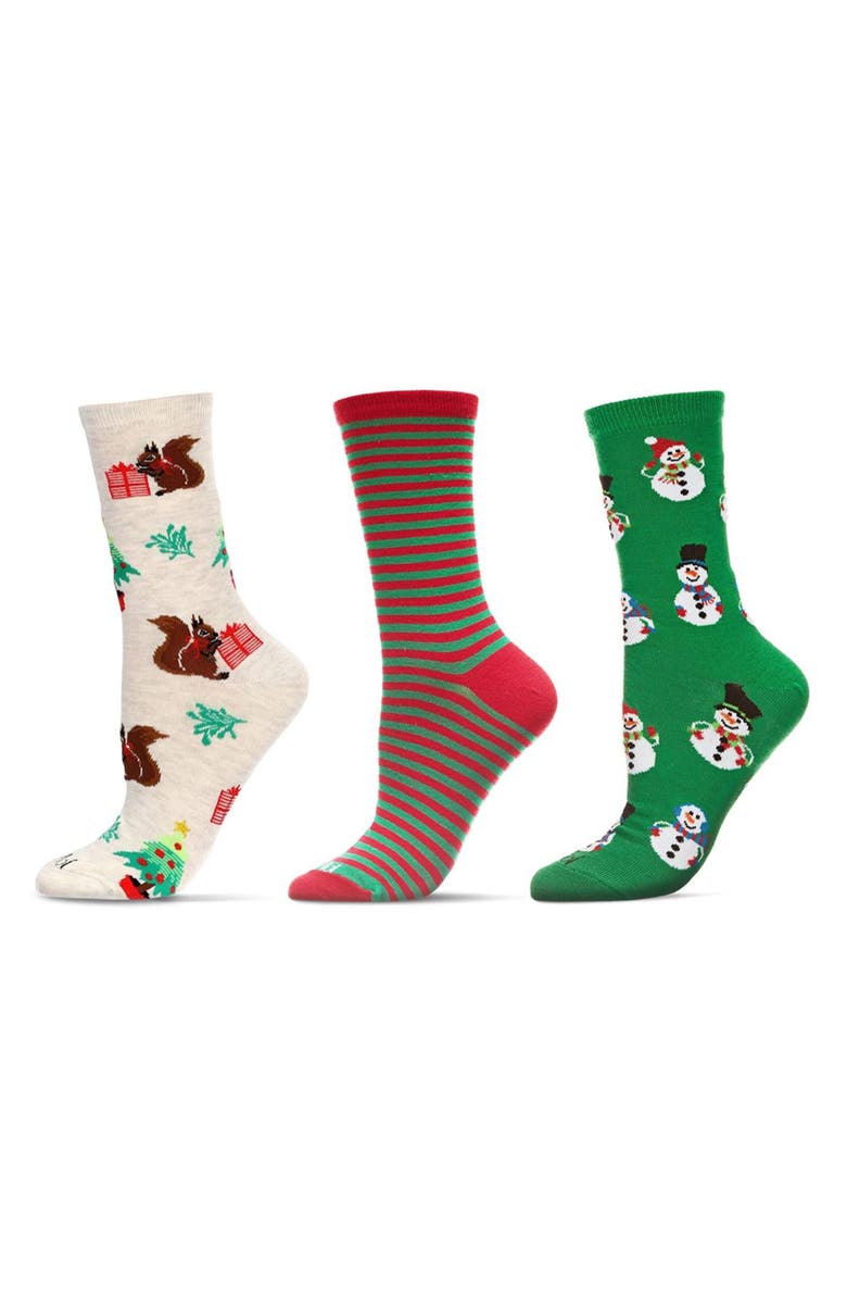 MeMoi Winter Skiing Assorted 3-Pack Crew Socks, Main, color, Green