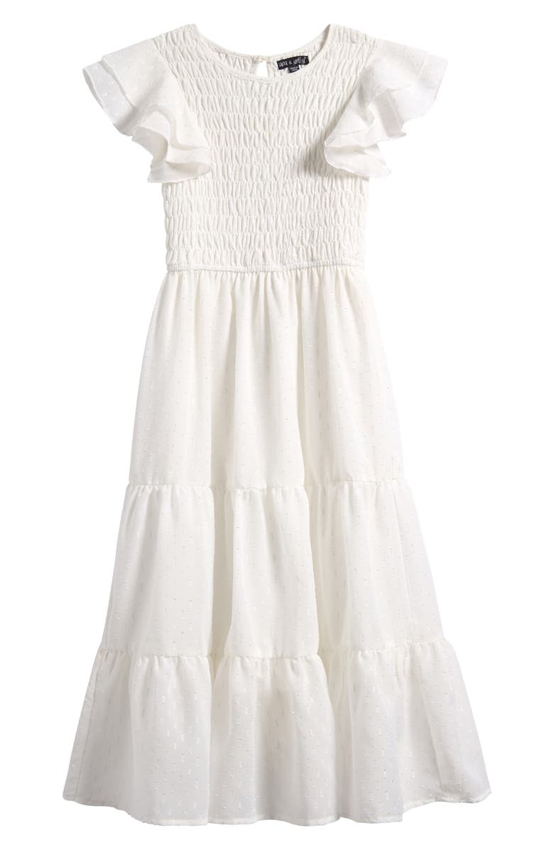 Ava & Yelly Kids' Smocked Bodice Clip Dot Chiffon Party Dress, Main, color,