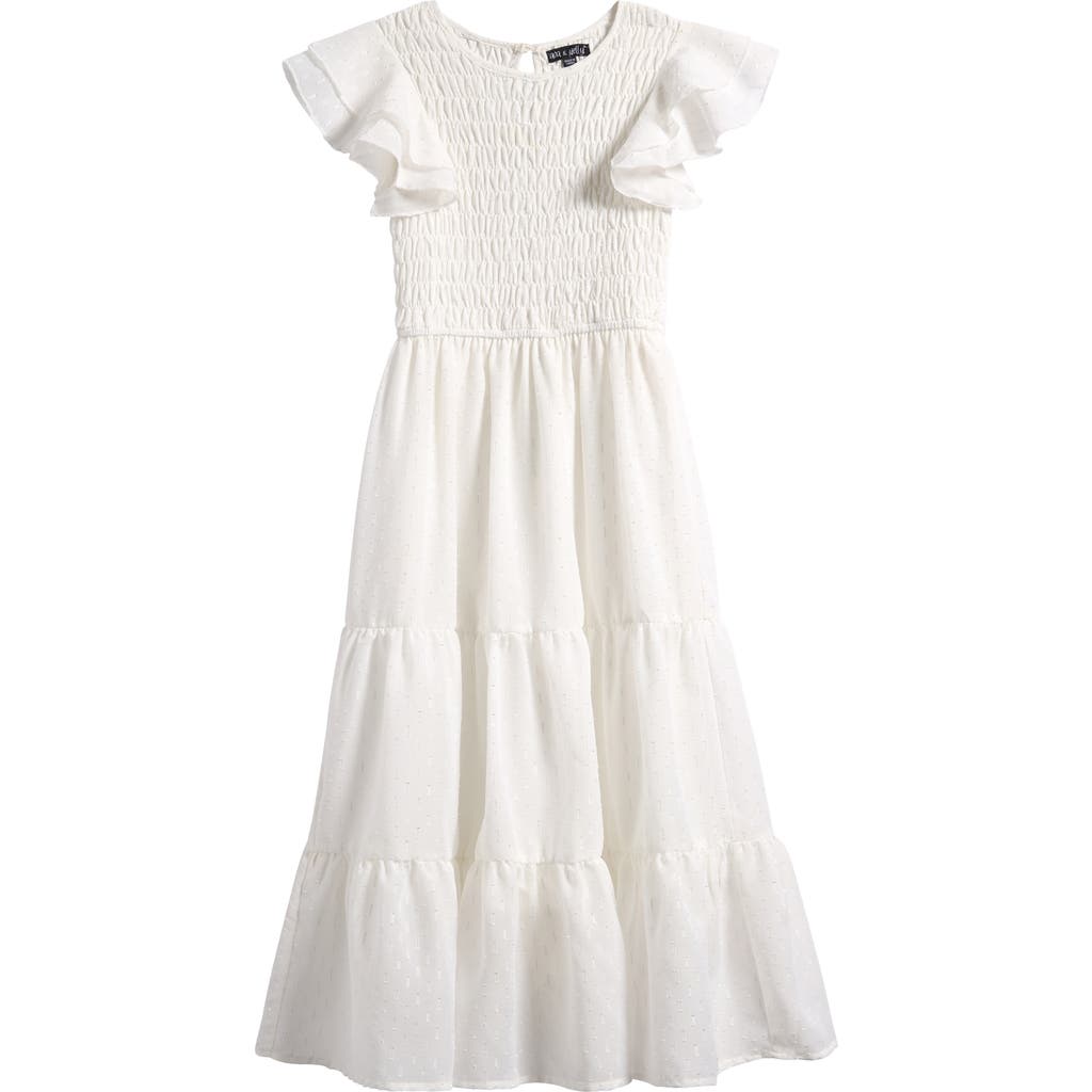 Ava & Yelly Kids' Smocked Bodice Clip Dot Chiffon Party Dress In White