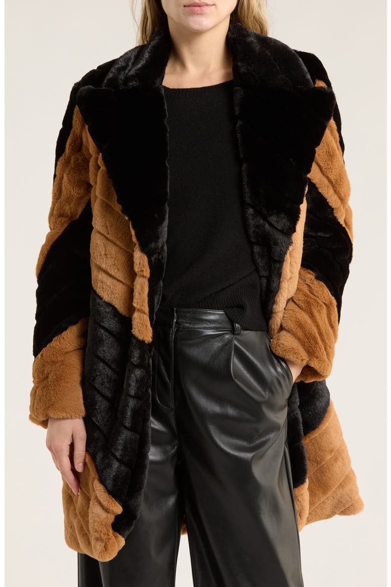 Zoya Faux Leather Belted Faux Fur Coat, Main, color, BLACK/ BISCOTTI