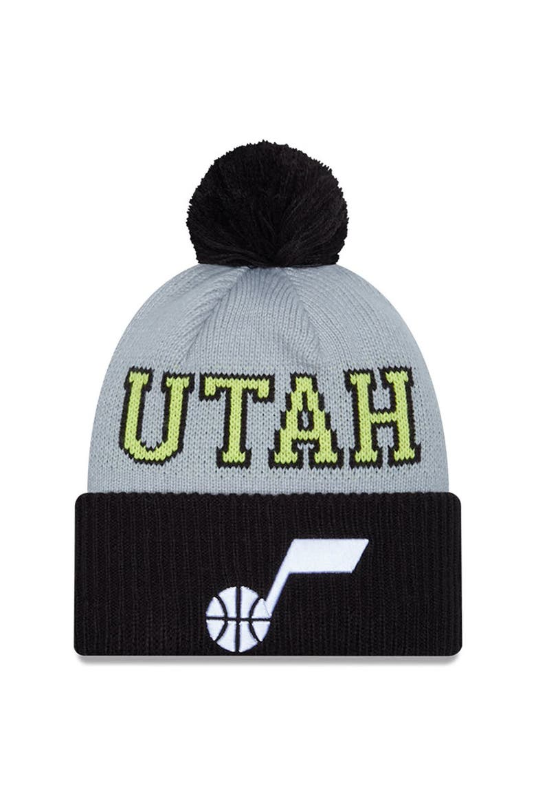 Men's New Era Black/Gray Utah Jazz Tip-Off Two-Tone Cuffed Knit Hat with Pom, Main, color, Black