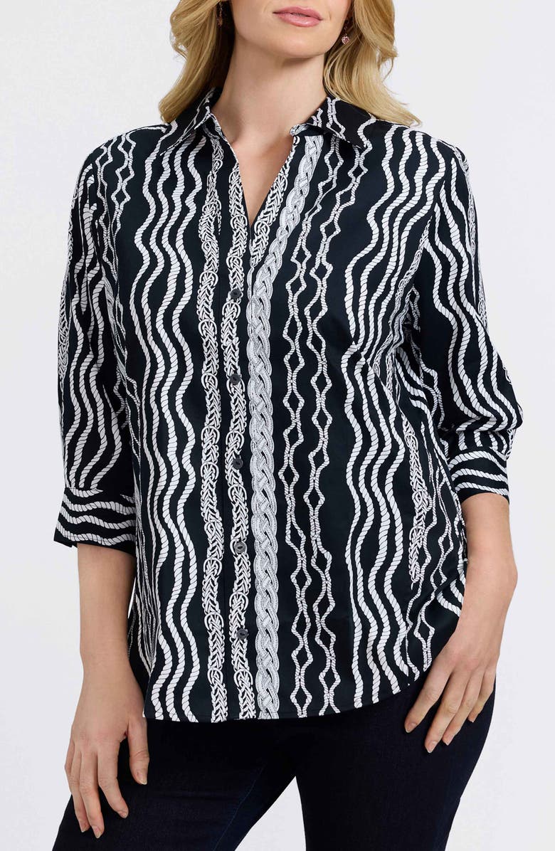 Foxcroft Paityn Braid Print Cotton Button-Up Shirt, Main, color, Black/ White