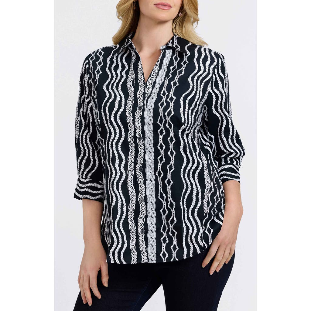 Foxcroft Paityn Braid Print Three-quarter Sleeve Cotton Button-up Shirt