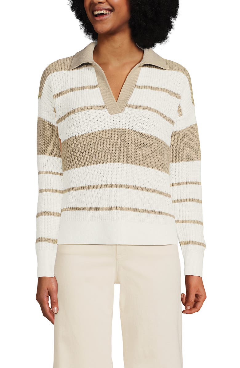 Lands' End Cotton Boucle Johnny Collar Textured Sweater, Main, color, Ivory/Champagne Stripe