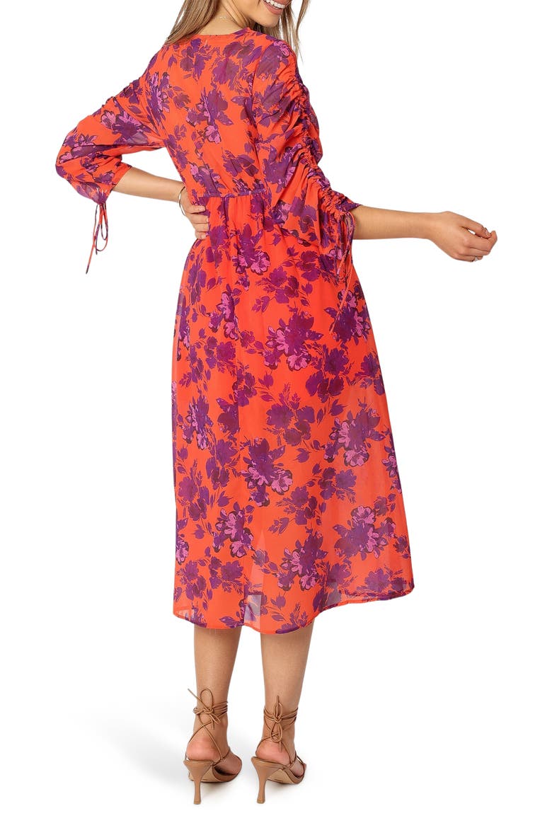 Hallie Floral Ruched Midi Dress, Alternate, color, RED WINE