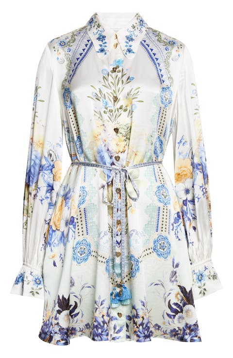 Floral Belted Long Sleeve Silk Shirtdress