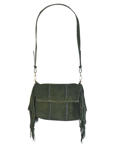 Mini Fringe Top Grain Leather Foldover Crossbody Clutch