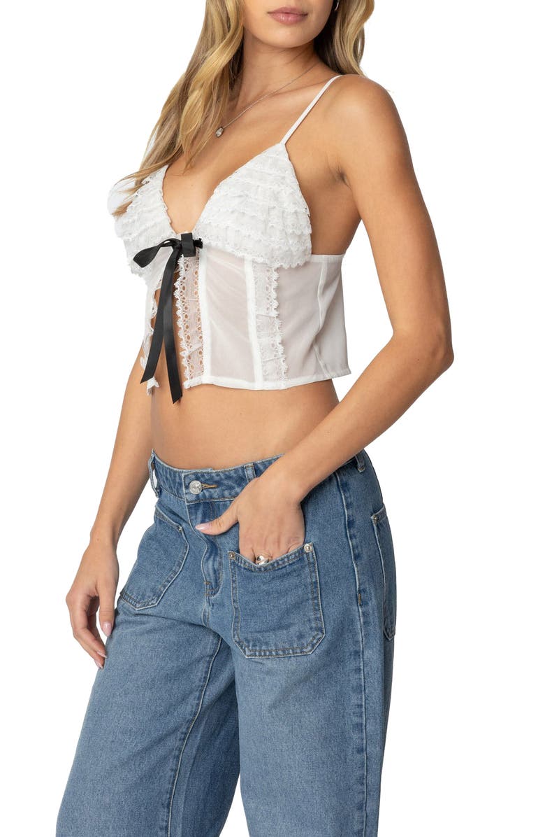 EDIKTED Ruffle Babydoll Crop Top, Alternate, color, White