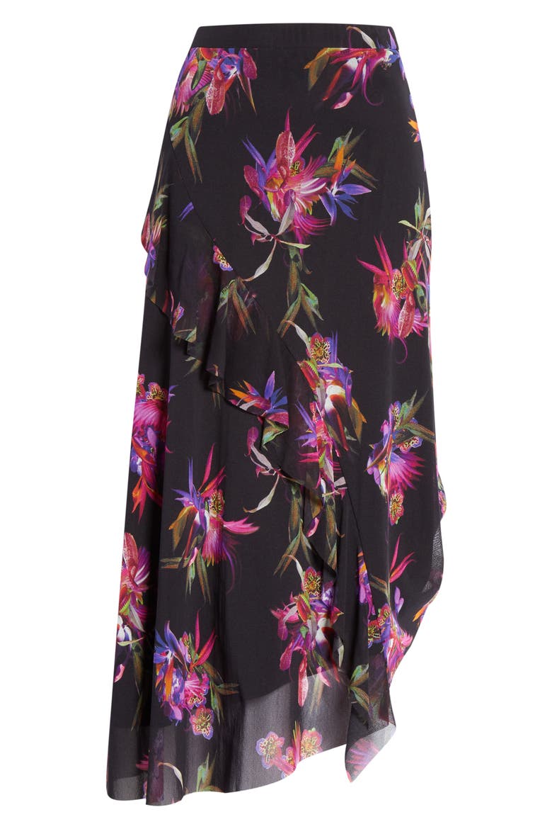Floral Ruffle Asymmetrical Midi Skirt, Alternate, color, NERO