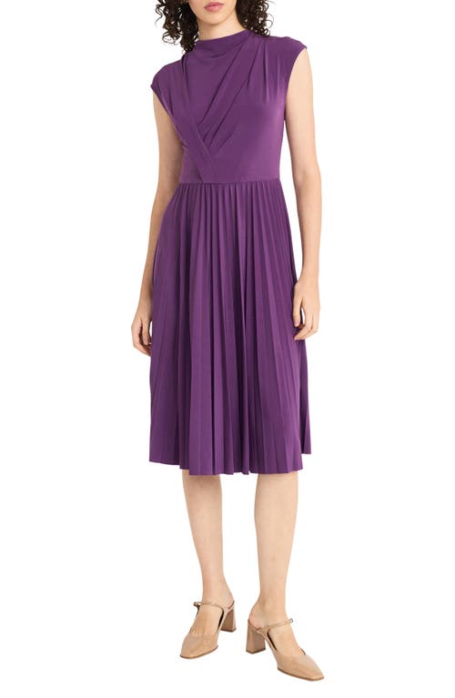 Maggy London Draped Bodice Cap Sleeve Pleated Midi Dress in Plum 