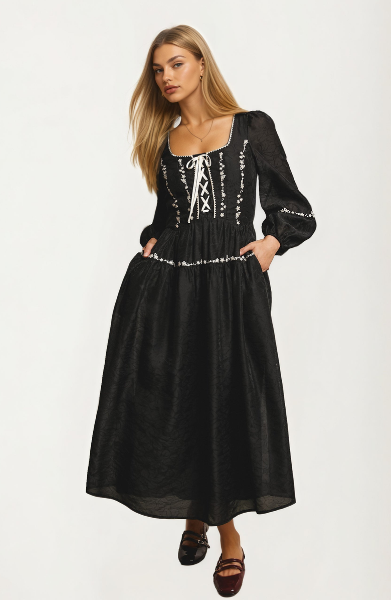 Knit and Lounge Long Sleeve Lace-Up Embroidered Maxi Dress, Alternate, color, Black