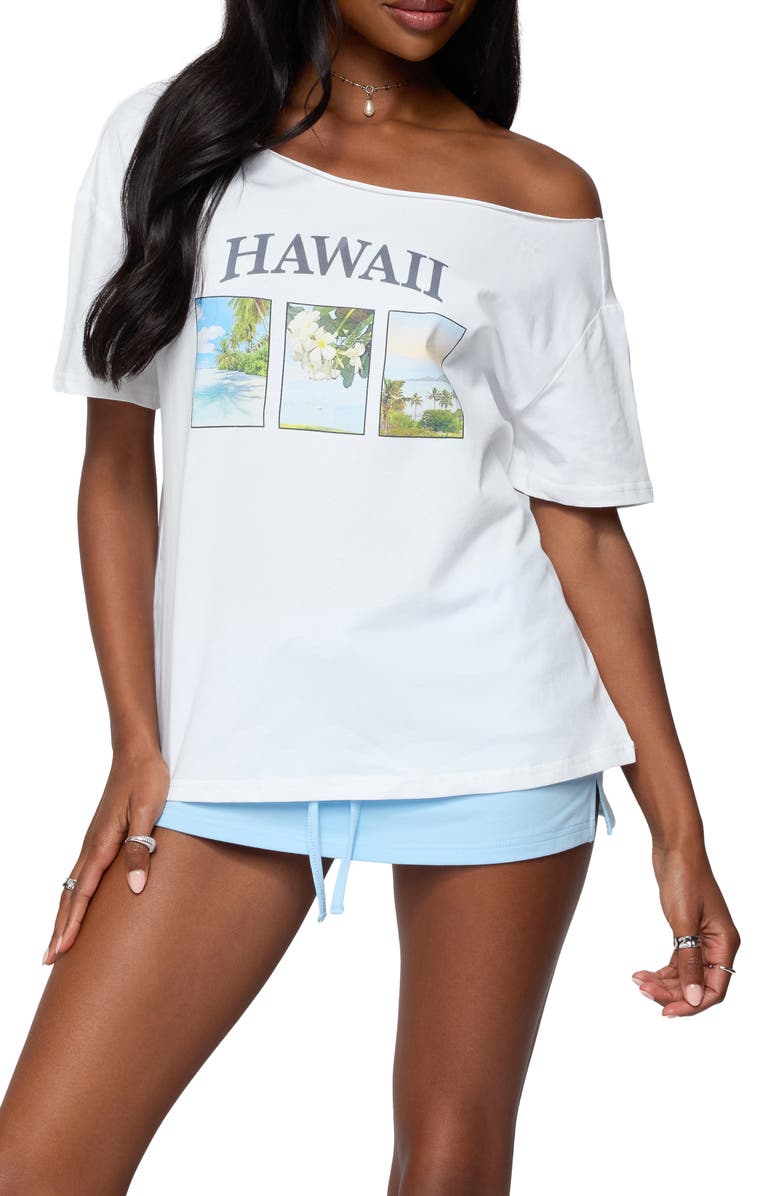 EDIKTED Hawaiian Babe Off the Shoulder Cotton Graphic T-Shirt, Main, color, White