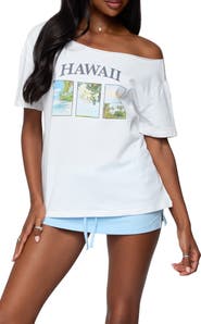 EDIKTED Hawaiian Babe Off the Shoulder Cotton Graphic T-Shirt