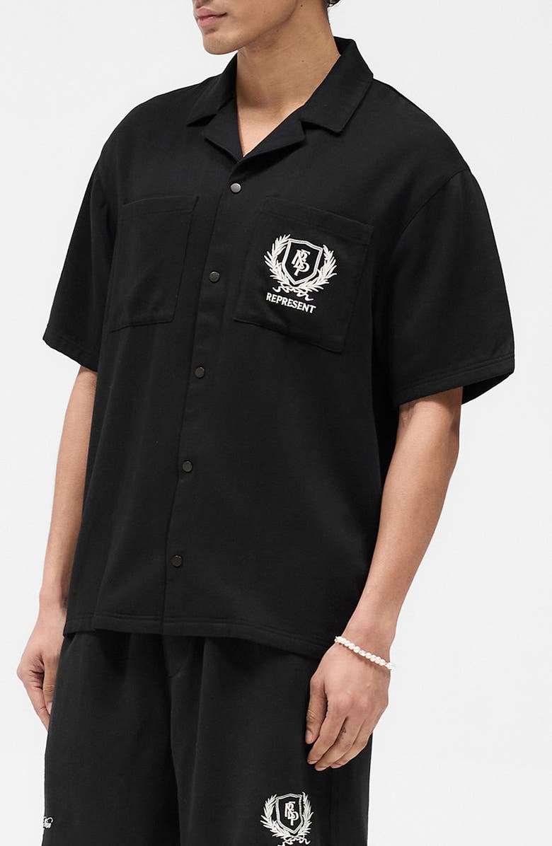 Represent Crest Embroidered Camp Shirt, Alternate, color, Jet Black