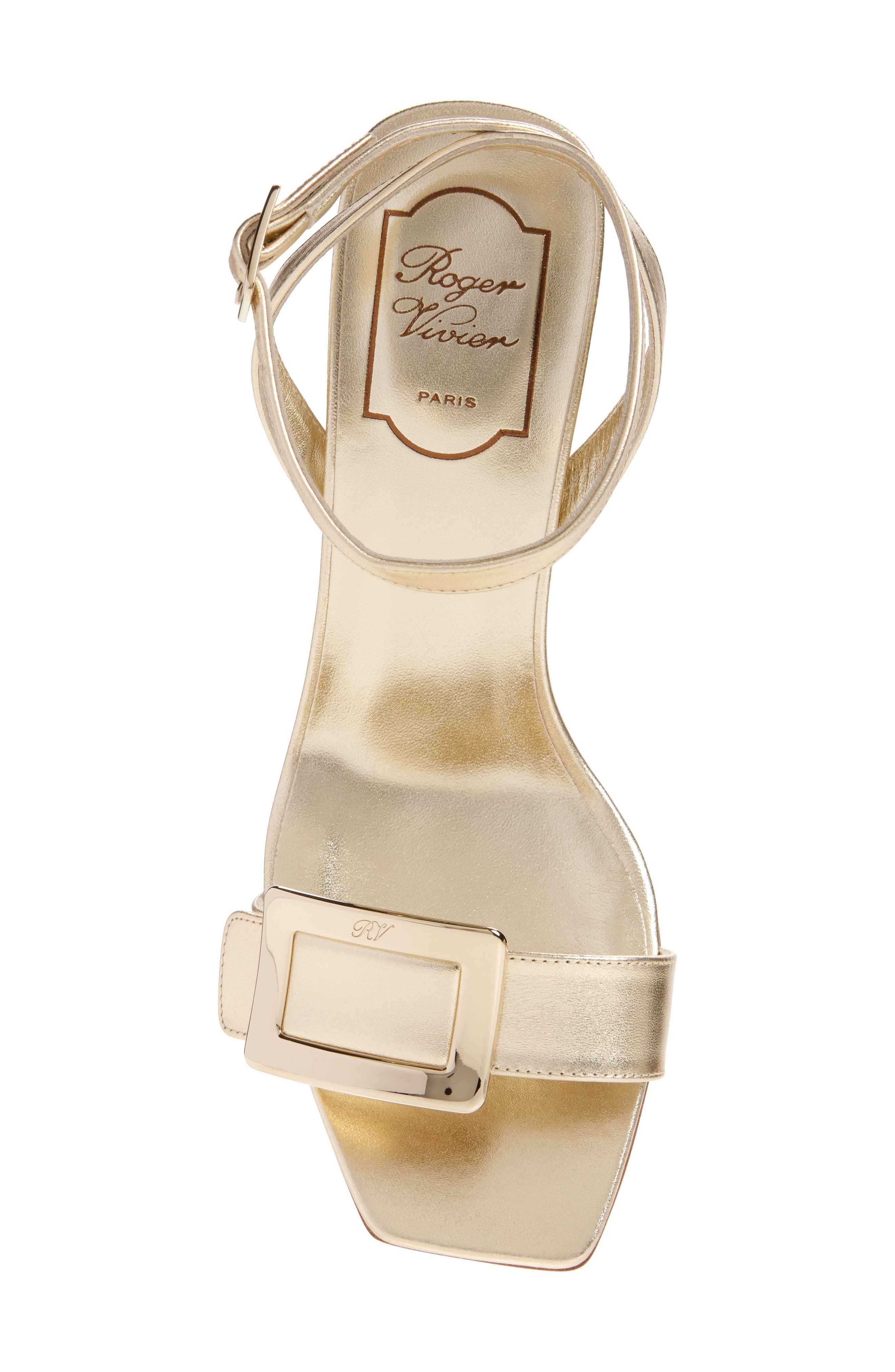 Roger Vivier Belle Vivier Metallic Ankle Strap Wedge Sandal, Alternate, color, Gold