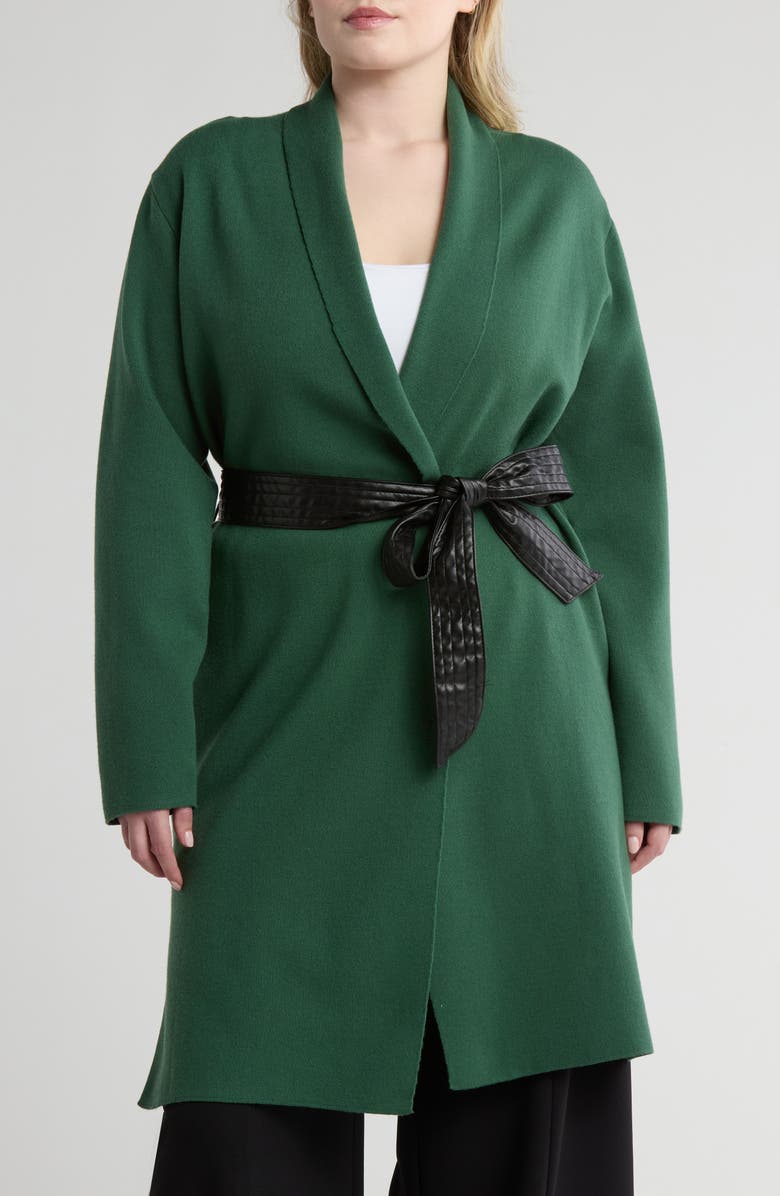 BY DESIGN Glacier Faux Leather Belted Wrap Cardigan, Main, color, Eden