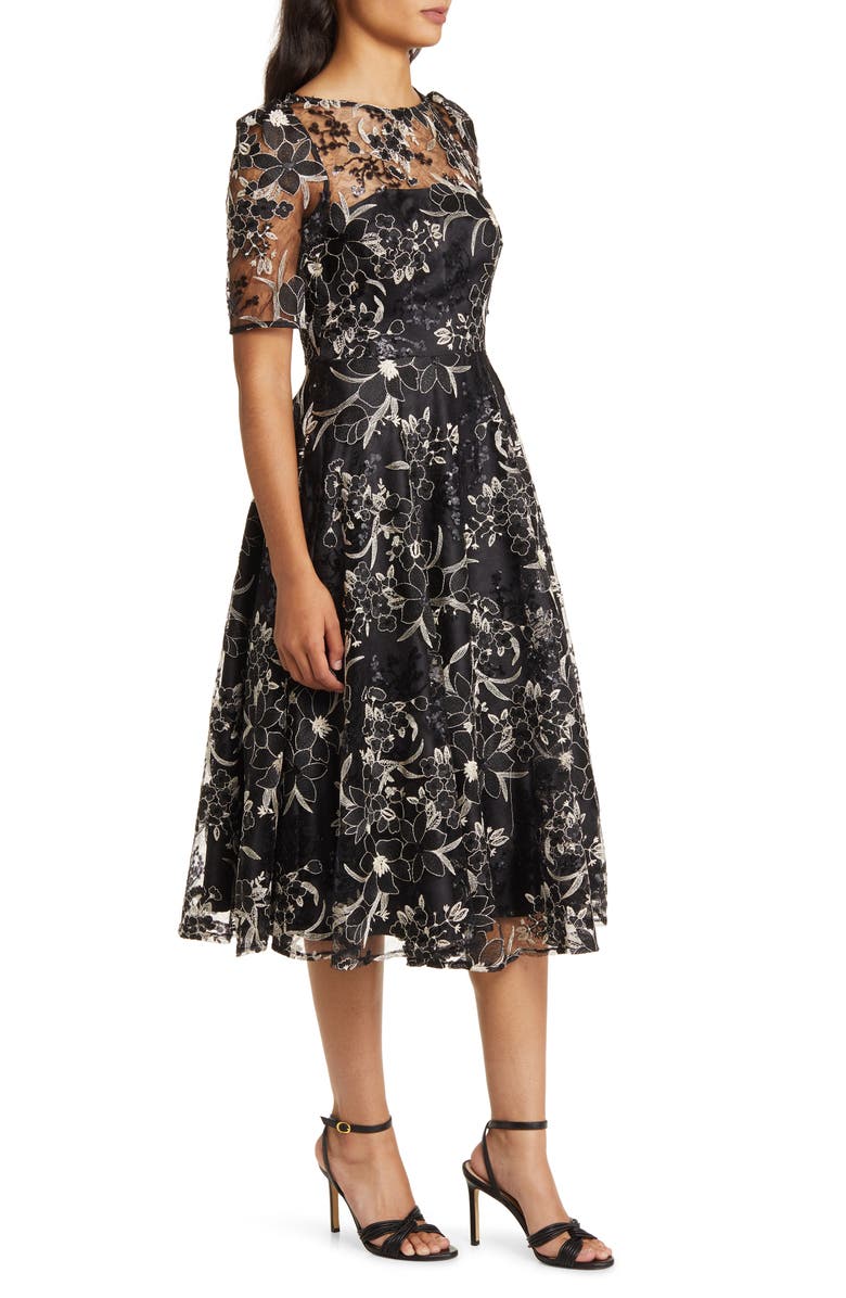Eliza J Sequin Floral Embroidery Fit & Flare Cocktail Midi Dress, Alternate, color, 