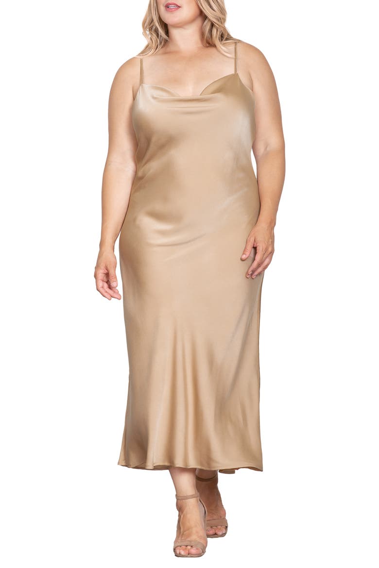 Cowl Neck Satin Dress, Main, color, MOCHA TAN