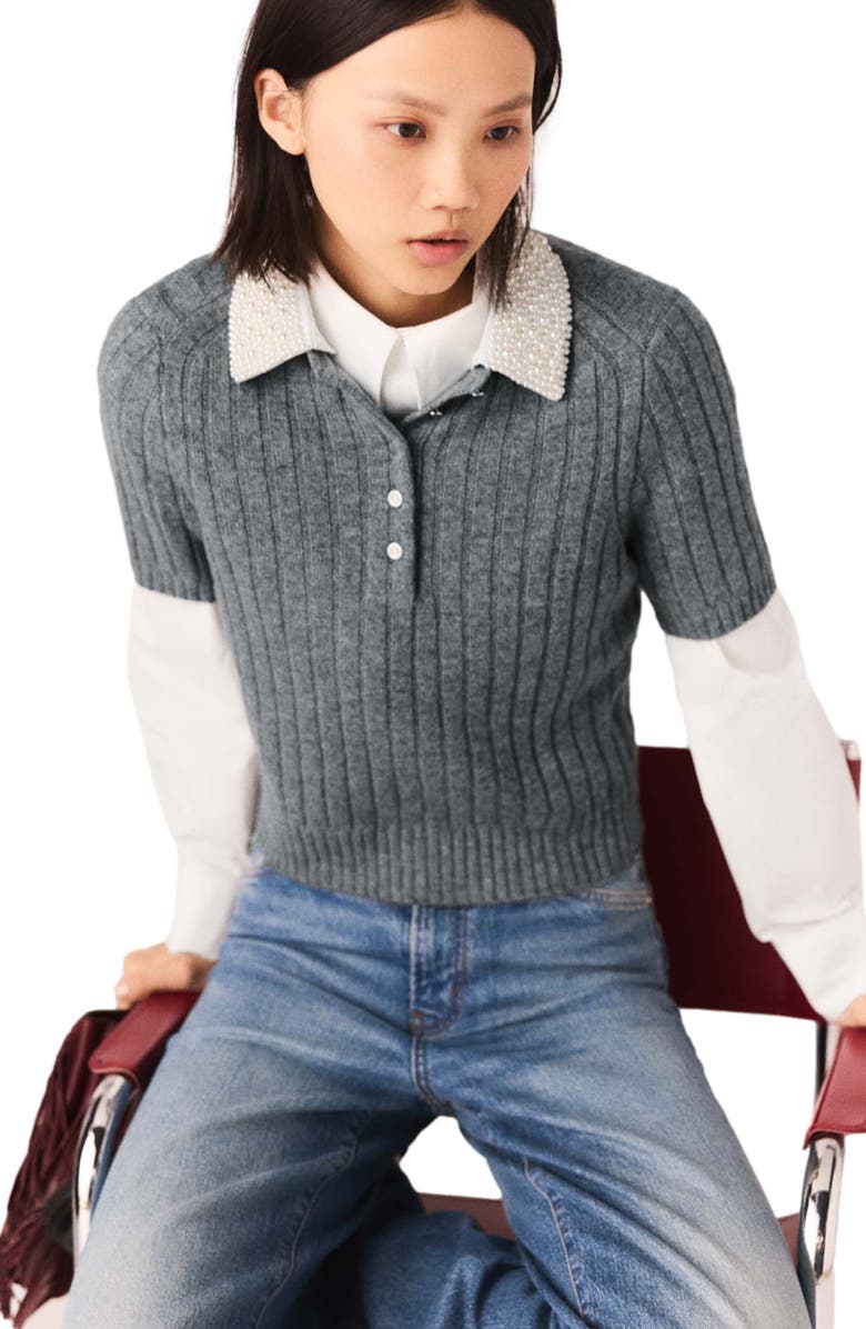 maje Removable beaded collar sweater, Alternate, color, Grey