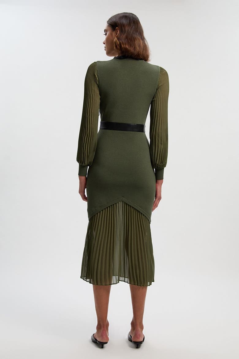 Pu Trim Woven Sleeved Pleated Dress, Alternate, color, Olive