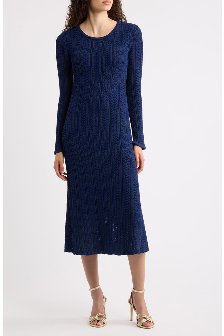 The Julietta Long Sleeve Pointelle Midi Sweater Dress, Main, color, TWILIGHT SKY