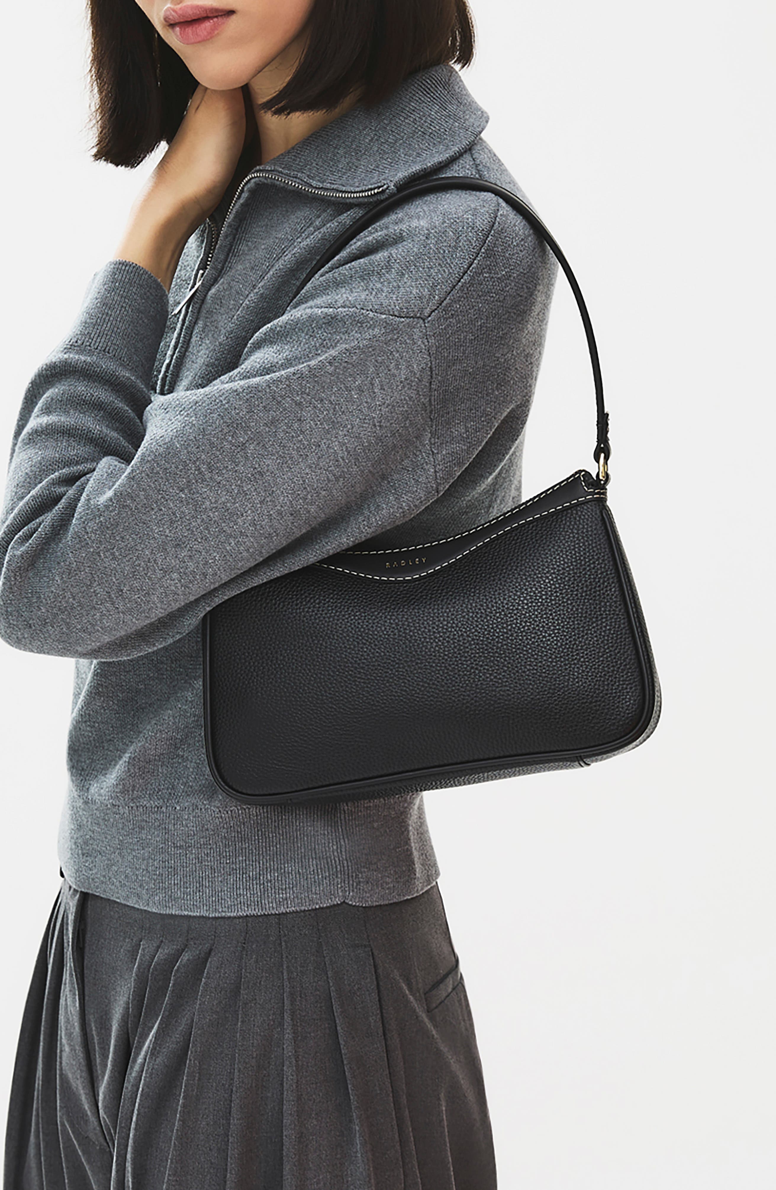 Albany Avenue Medium Leather Zip Top Shoulder Bag, Alternate, color, BLACK