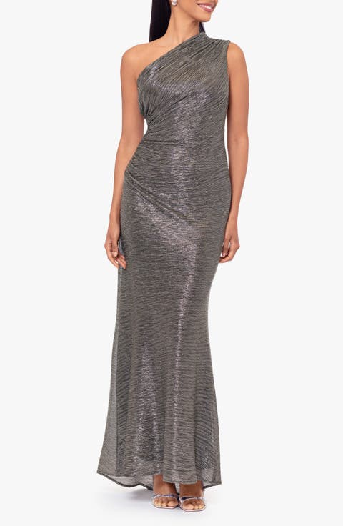 Metallic Crinkle One-Shoulder Mermaid Gown