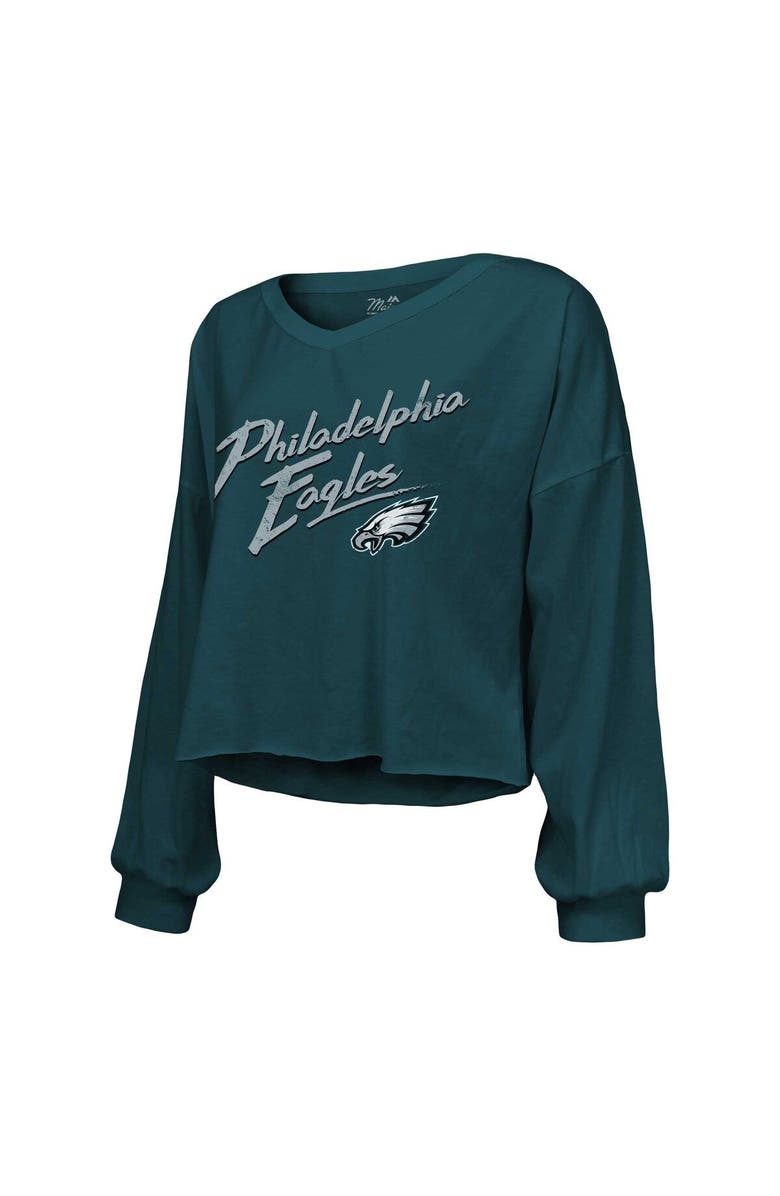 Majestic Threads Women's Majestic Threads Jalen Hurts Green Philadelphia Eagles Name & Number Off-Shoulder Script Cropped Long Sleeve V-Neck T-Shirt, Alternate, color, Green