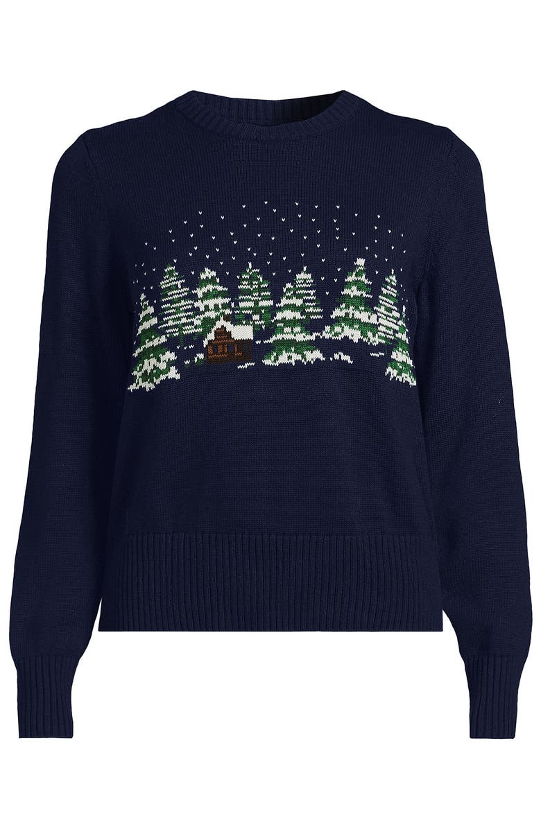 Lands' End Plus Size Drifter Modern Jacquard Crew Neck Sweater, Alternate, color, Cabin In Snowglobe/Navy