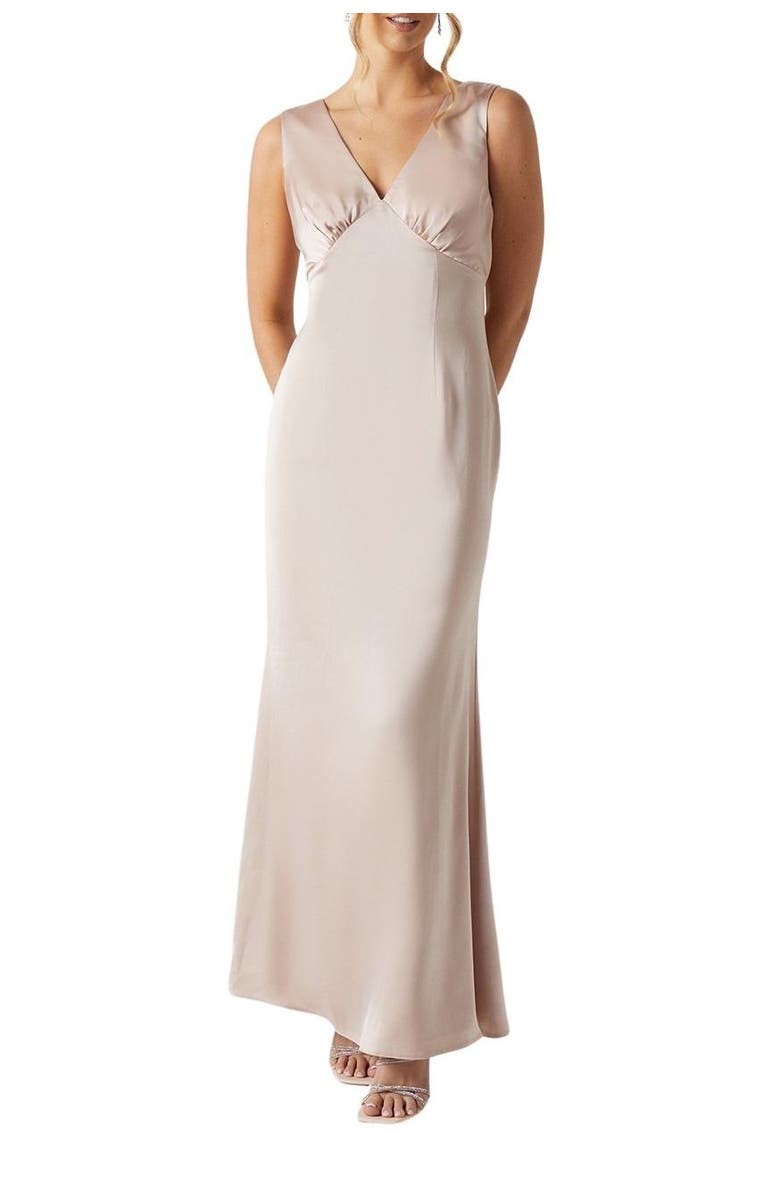 Coast Bow Back V-Neck Satin Bridesmaid Dress, Alternate, color, Mocha