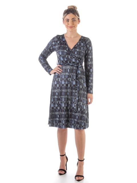 Long Sleeve Knee Length Faux Wrap Dress