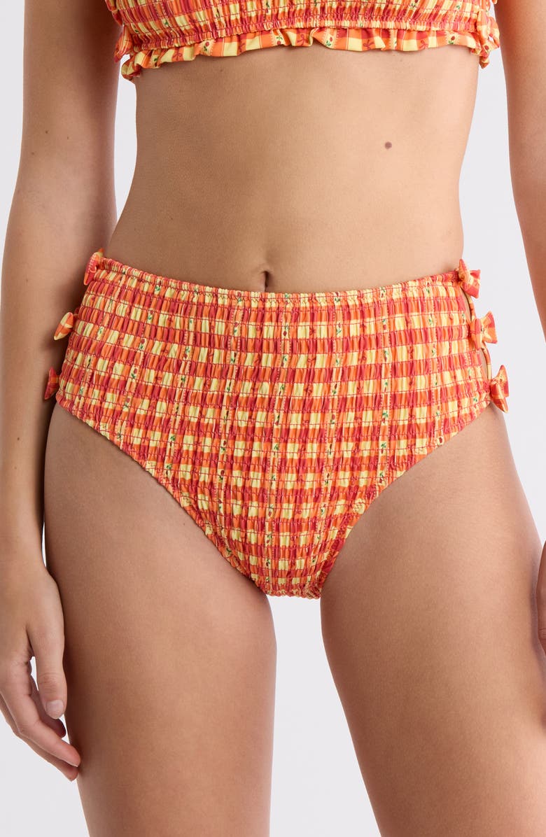 Damson Madder Bow Smocked High Waist Bikini Bottoms, Main, color, 