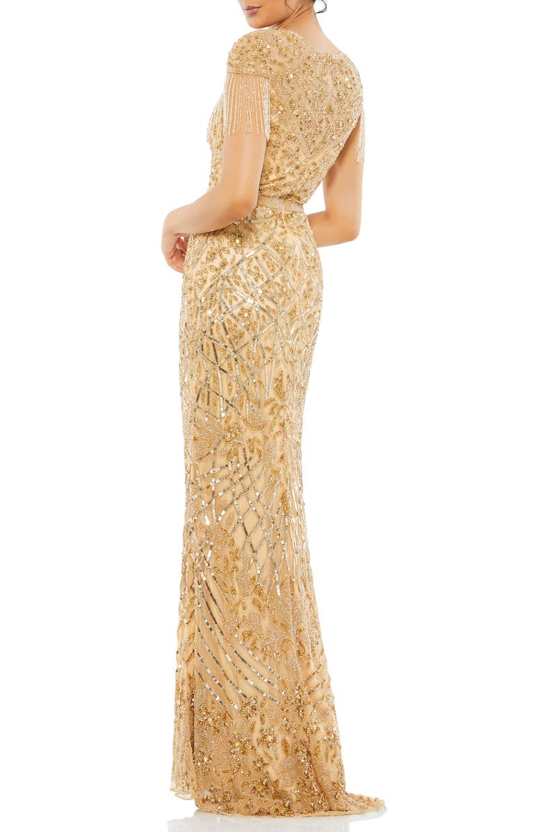 Mac Duggal Embellished Fringe Cap Sleeve Trumpet Gown, Alternate, color, Light Gold