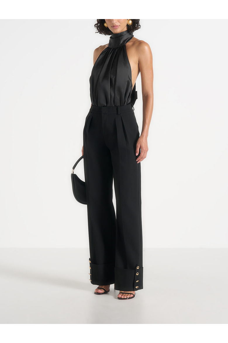 Phoebe Satin Blouson Tie-Neck Open Back Top, Alternate, color, Black