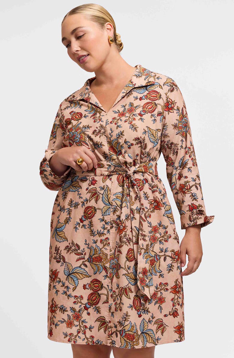 Foxcroft Agnes Autumn Leaf Print Long Sleeve Corduroy Belted Dress, Alternate, color, Camel Multi