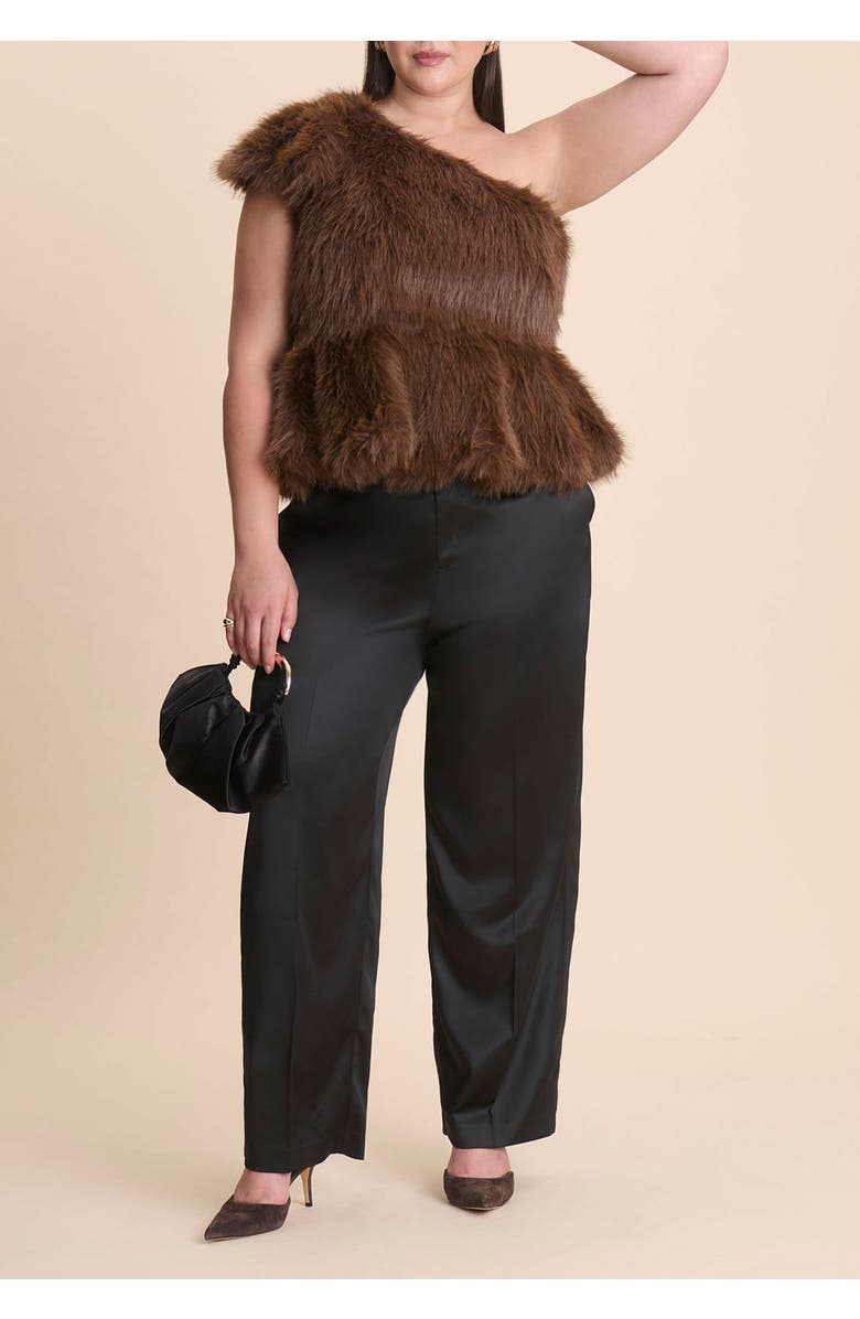 ELOQUII Faux Fur Peplum Top, Alternate, color, Brown