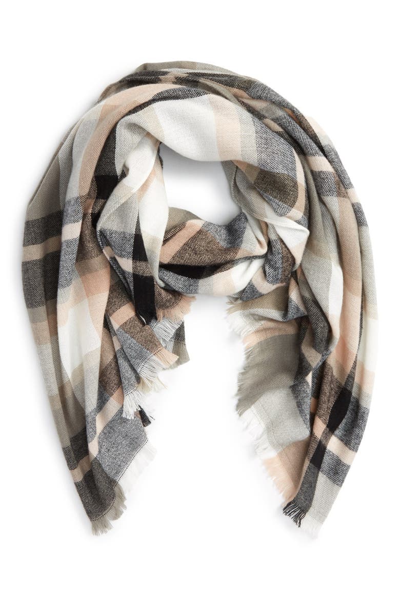 Plaid Oblong Scarf, Main, color, GREY MULTI