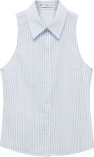 MANGO Stripe Seersucker Sleeveless Button-Up Shirt