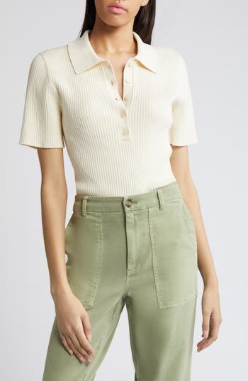 Treasure & Bond Short Sleeve Rib Polo Sweater In Ivory Dove