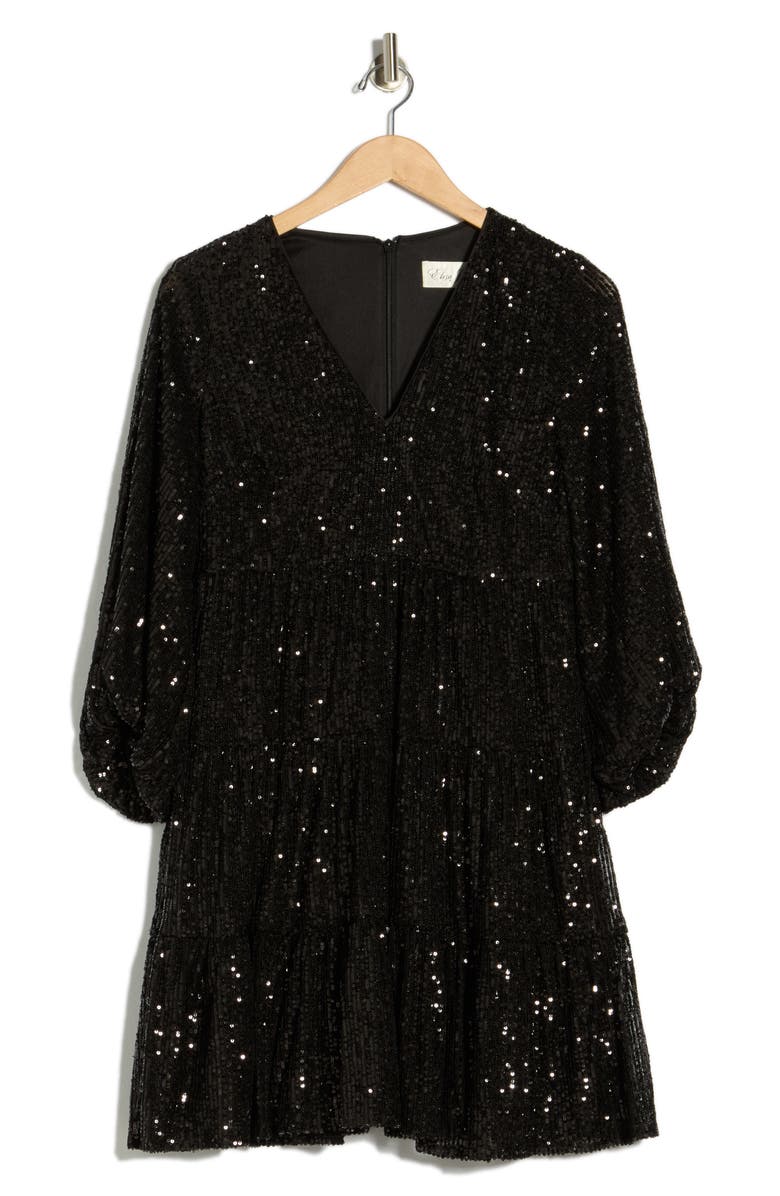Eliza J Sequin Tiered Cocktail Dress, Alternate, color, Black