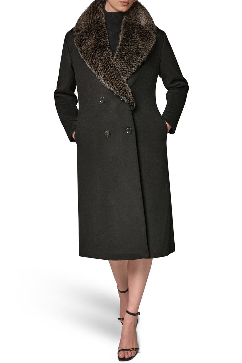 Double Breasted Slouch Coat with Faux Fur Collar, Main, color, BLACK