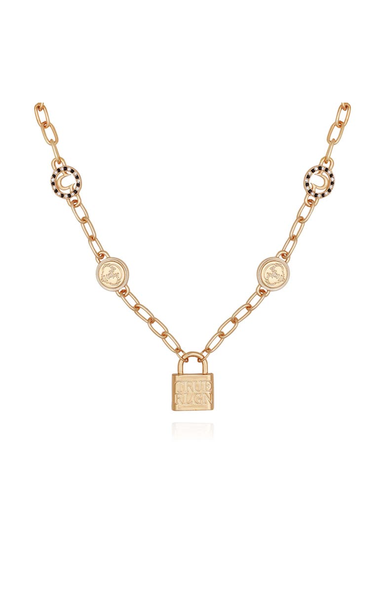 True Religion Lock & Logo Necklace, Alternate, color, Goldtone