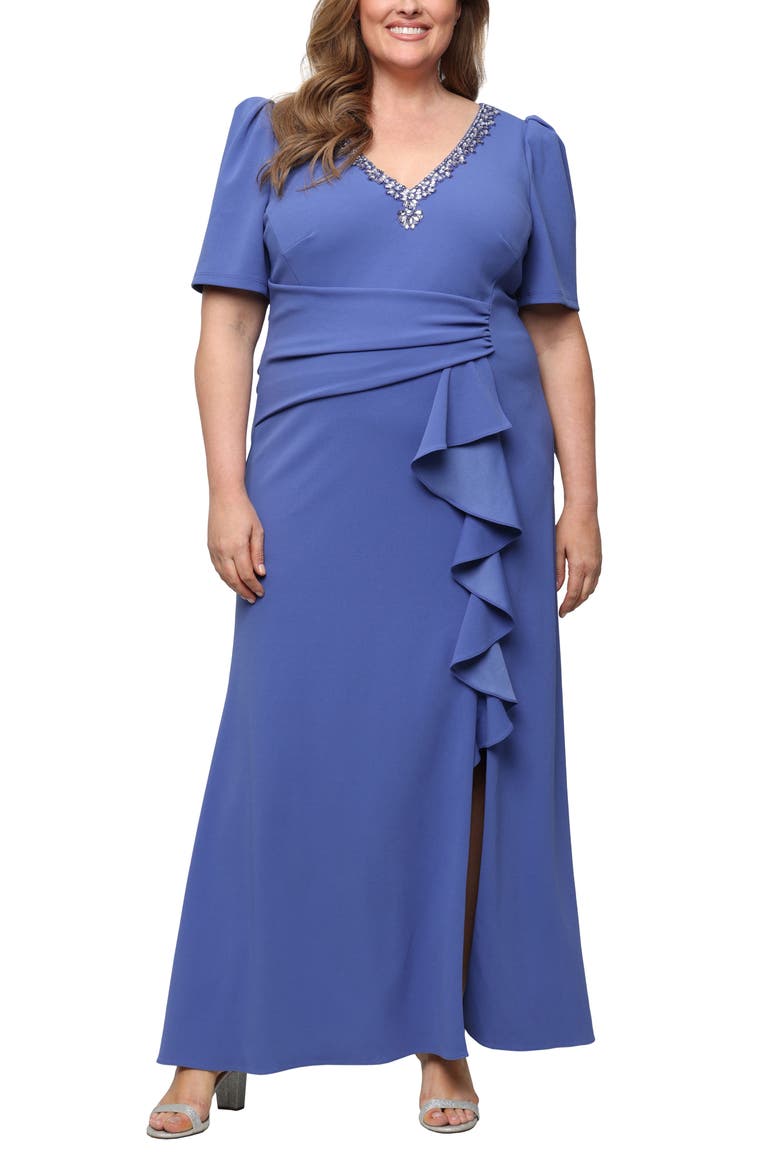 Embellished Stretch Crepe Gown, Main, color, CORNFLOWER