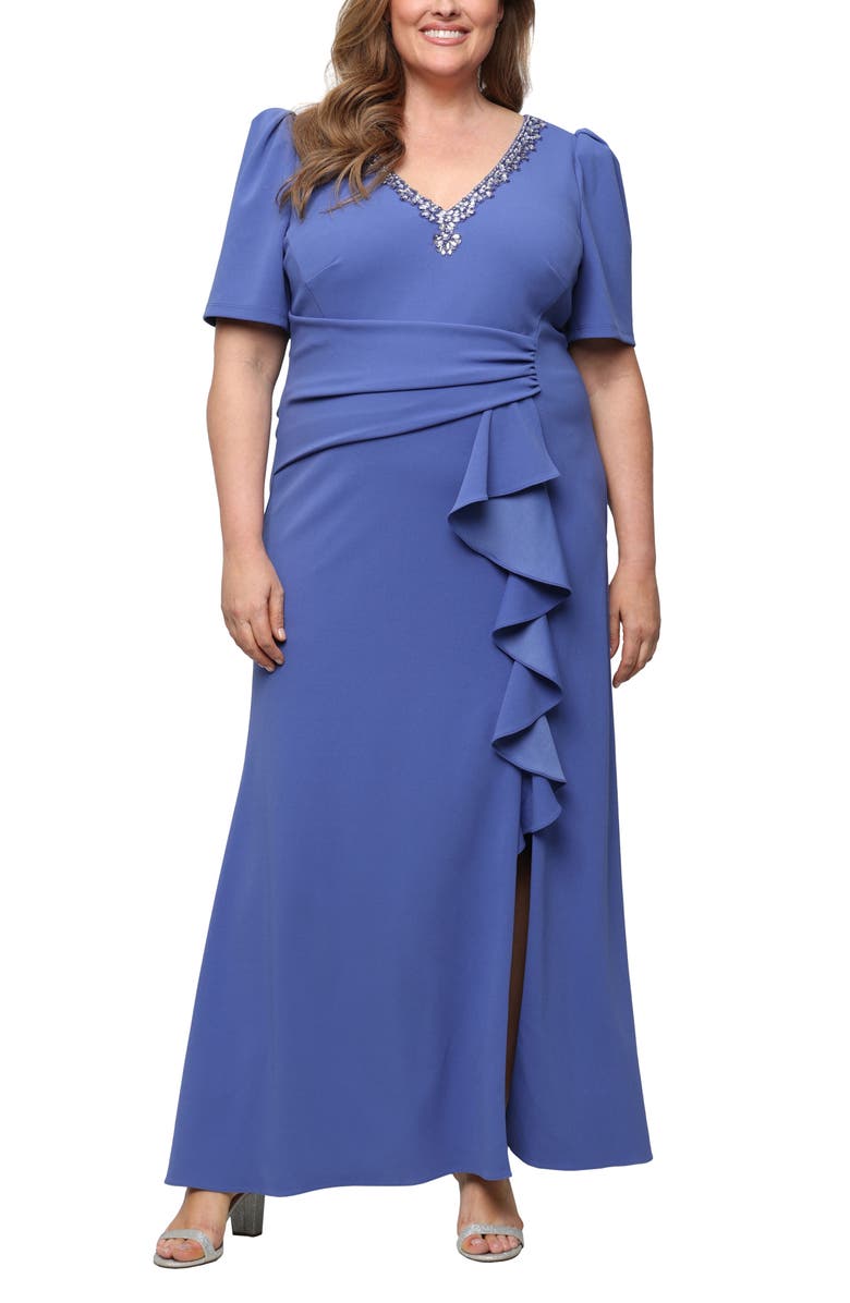 Alex Evenings Embellished Stretch Crepe Gown, Main, color, Cornflower